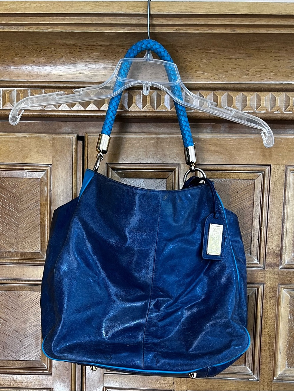 Blue Leather Shoulder Bag with Braided Handle - Unbranded